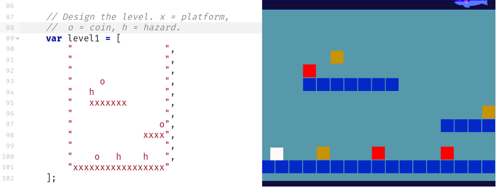 Figure 5.5 - Grid based editing of level design with a simple key for hazards, coins, and platforms.